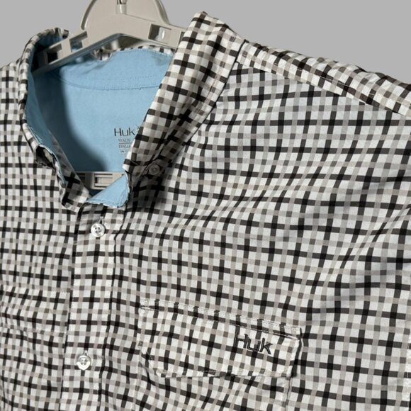 Huk Men’s Size XXL Long Sleeve Button Down Black and Gray Checkered Print Shirt - Picture 1 of 6